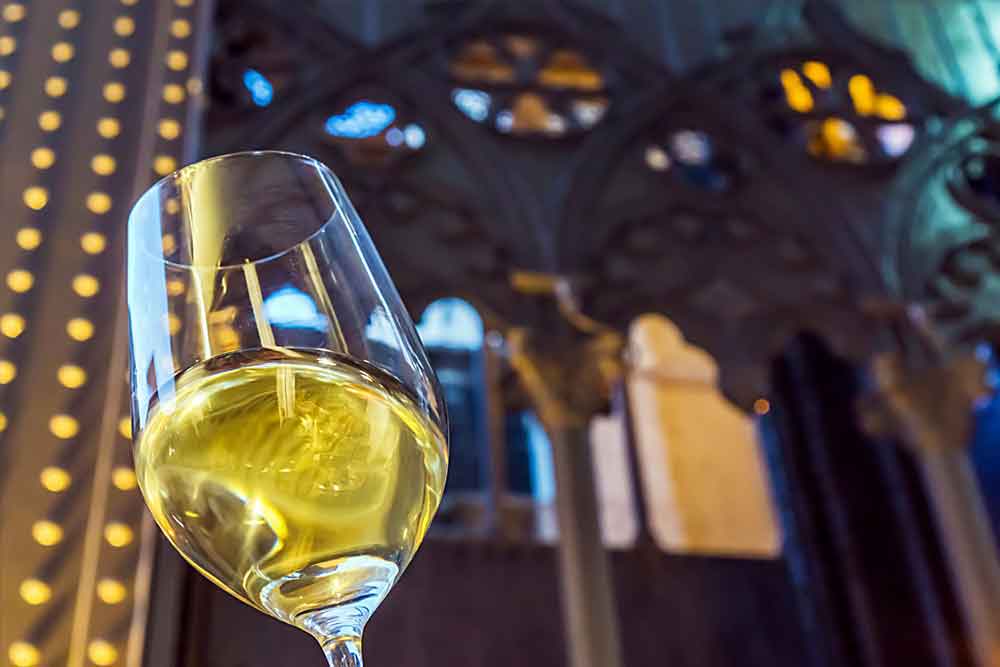 Sparkling wine in a wine glass in Lisbon.