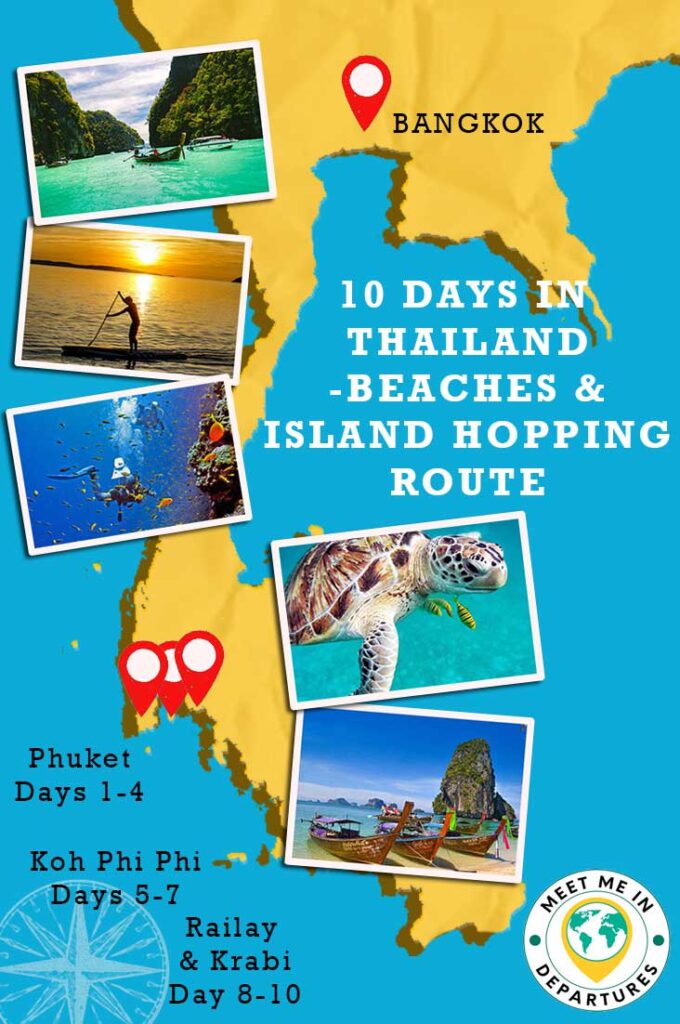10 Days Thailand Itinerary - Beaches and Island hopping route with images, pins and map made by Meet Me in Departures

