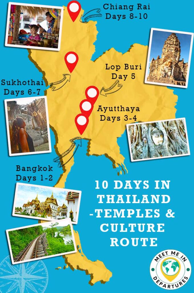 10 Days Thailand Itinerary - Temples and Culture route with images, pins and map made by Meet Me in Departures