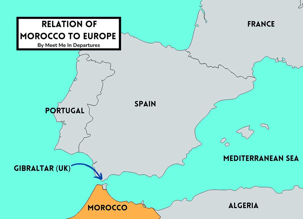 Map of Morocco and Europe A map of the north of Morocco in relation to the south of SpainI and the rest of Europe. Mocoos is close to Europe, but Morocco is not in Europe.