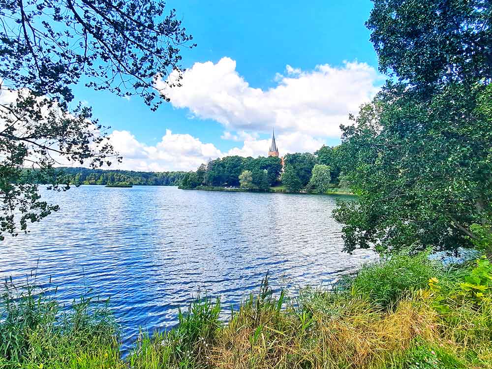 Image of the lithuanian countryside. Dark blue lake with green reeds in the forground and trees to the sides. In the background there is a steeple of a church with most of the building hidden with more green trees. The sky is blue with white clouds.