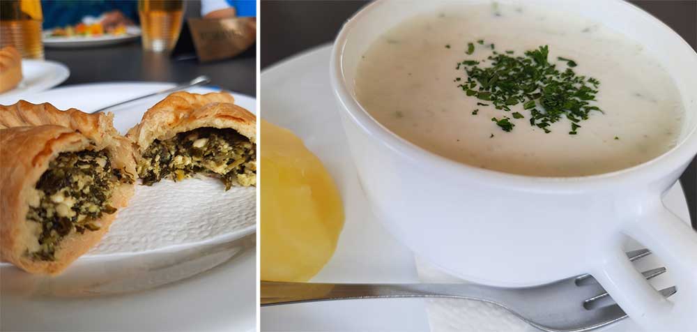 two dishes to try in Trakai (left image) of a kibinai - a half-moon shaped pastry filled with spincah, vegetable and cheese. Image on the right is of a cold local creamy garlic soup - it's white with green parsley on top. It's served with a boiled potato. 