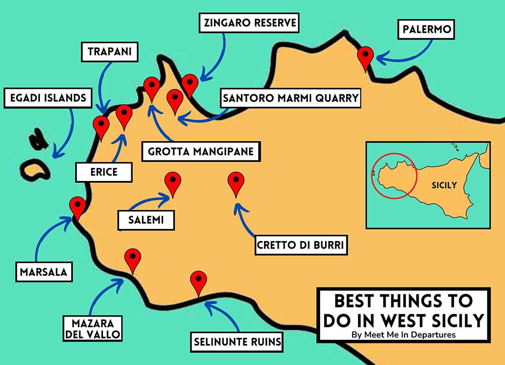 A map showing the best things to do in west Sicily.