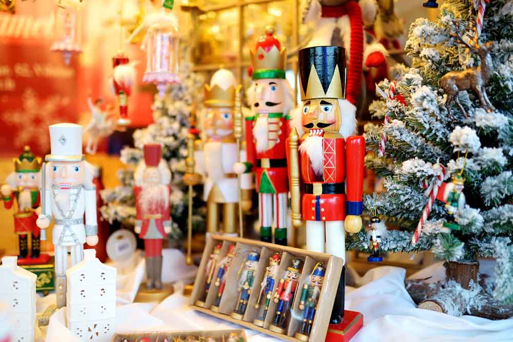 Traditional nutcrackers on a stall in a german christmas market.