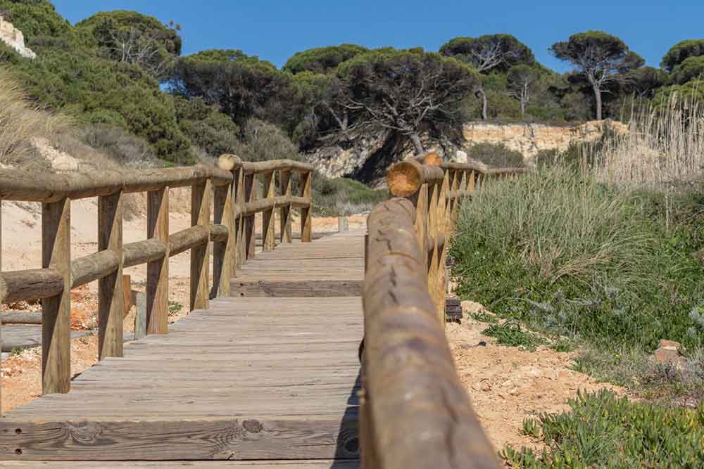 A wooden walkwalk along the beach in Mazagon- surrounded by sand, and shrubs.