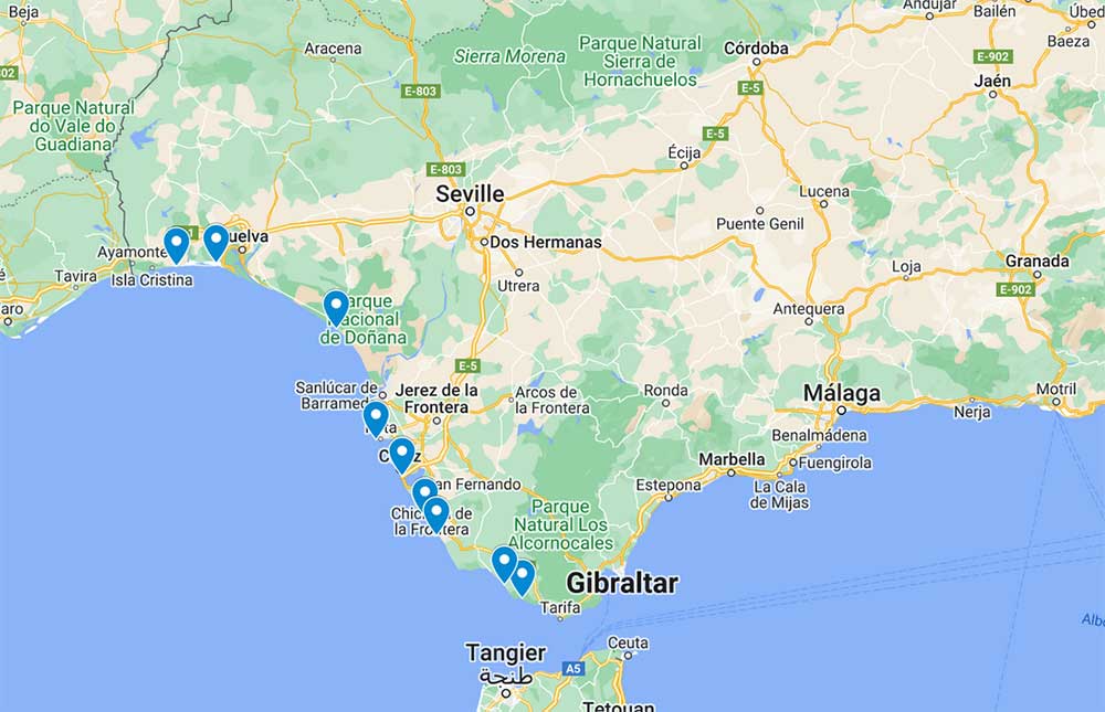Map of the best beaches close to Seville