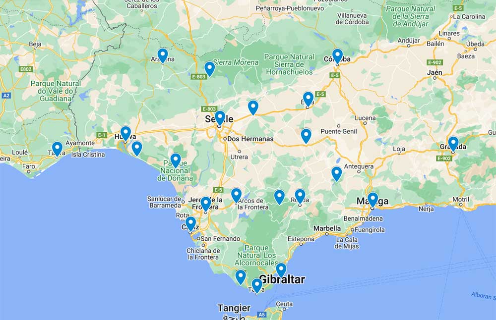 An interactive map showing the best day trips from Seville.