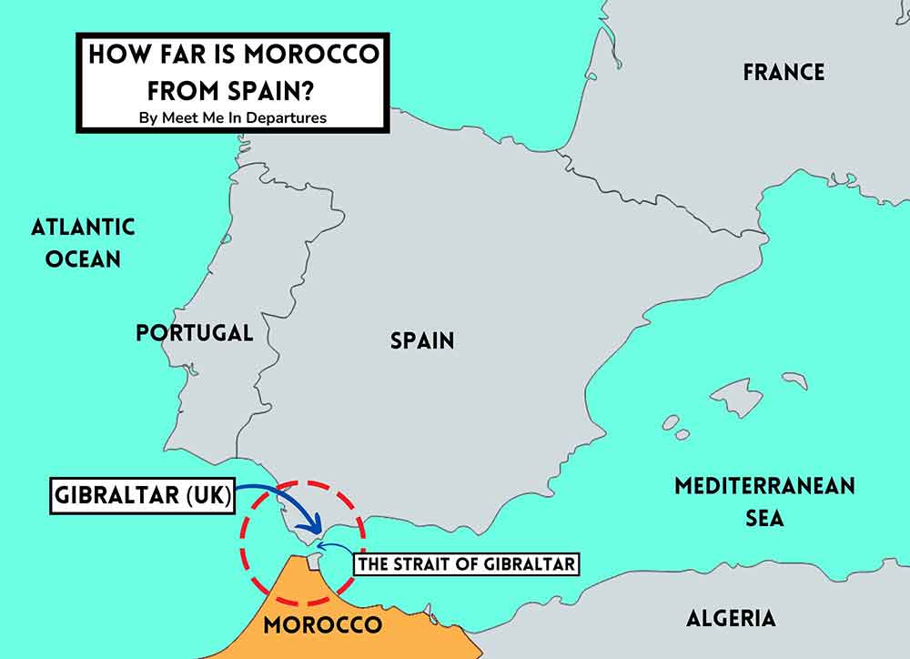 Map of Spain and Morocco If you're wondering can you see Morocco from Spain this Map of Spain and Morocco shows where the two countires are in relation to each other. They are close! and speratated by the Strait of Gibraltar.