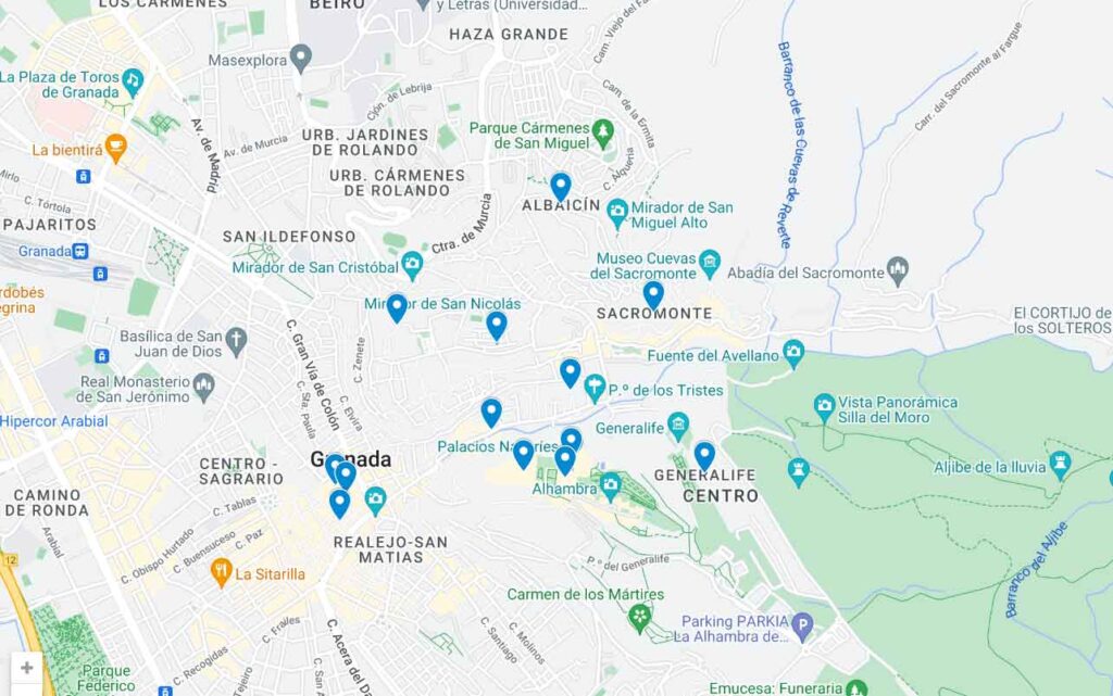 A map of all the best things to see in Granada in two days. This map of Granada includes The Nasrid Palaces, Generalife, La Alcazaba, Palace of Charles V, Sacromonte District, 
Mirador San Nicholas, Albaicin District, 
Palacio Dar al-Horra, El Banuelo, Casa Horno de Oro, Granada Cathedral, 
Royal Chapel of Granada, 
Alcaiceria Bazar. Click on the Granada map for the interactive version.