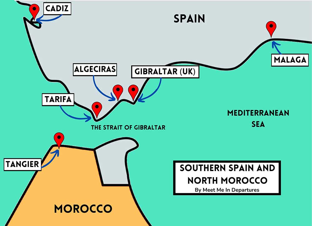 South Spain and Morocco Map A map showing the south of spain and morocco, it inlcudes relevant ciites in this article inlcuding Tangier, Tarifa, Gibraltar, Malaga and Algeciras.