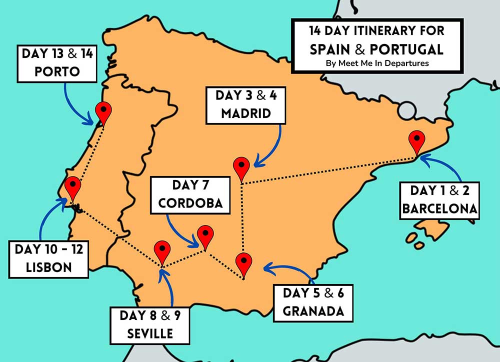 Map of this Spain and Portugal Itinerary: 14 Days Guide. It shows all the stop off points I've included in this Portugal Spain itinerary which are: Day 1 & 2: Barcelona, Spain
Day 3 & 4: Madrid, Spain
Day 5 & 6: Granada, Spain
Day 7: Cordoba, Spain
Day 8 & 9: Seville, Spain
Day 10, 11 & 12:  Lisbon, Portugal
Day 11: Day trip to Sintra from Lisbon
Day 13 & 14: Porto, Portugal