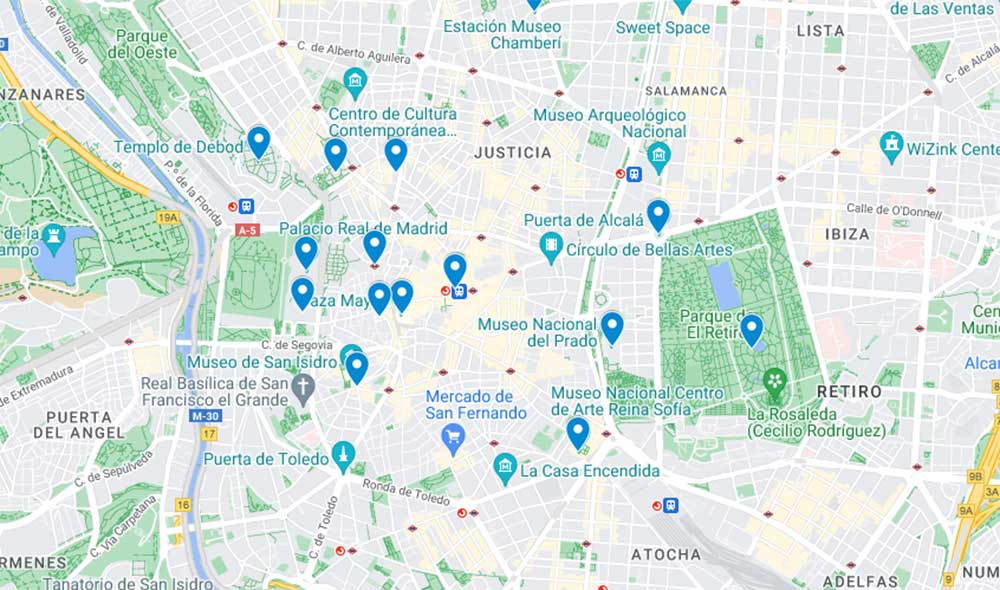 A map showing all the places to see in this 2 days Madrid itienrary. It inlcudes Day 1: Kick off your Madrid itinerary in the heart of the city at Puerta del Sol, explore the historical Plaza Mayor, before heading to the Palacio Real, Sabatini Gardens and Santa Maria la Real de La Almudena. In the afternoon head to Temple Debod, call in a Plaza de España, before going to to wander throught the the vibrant streets in Malasaña District. Take an optional visit to Estación Museo Chamberi  an station trapped in time. Cap off your day by eating your way around Mercado San Miguel before bar hopping at around the traditinal tabernas in the Historic Centre.

Day 2: Starting the morning by diving into the city's cultural scene at the Museo Nacional del Prado and Reina Sofia Museum. After head to Madrd's famous Parque El Retiro home to the Palacio de Crystal and Puerta de Alcalá. See the stunning Palacio de Cibeles before walking down Calle Gran Vía for some shopping. In the evening Our evening head to lively Barrio La Latina before moving on towards the Opera District for live music at Cafe Berlin.