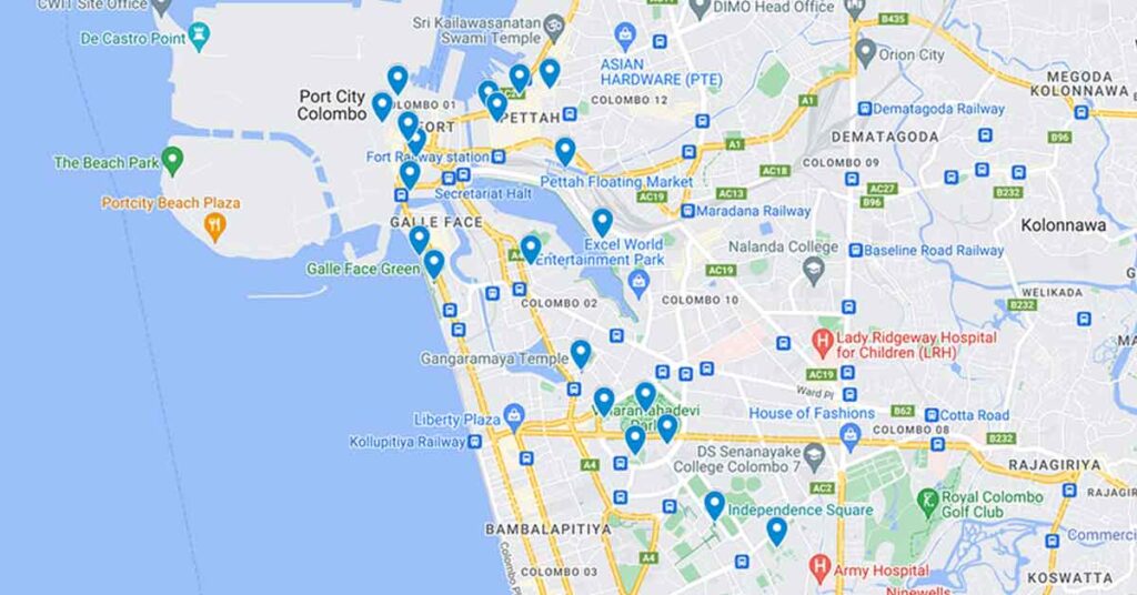 A map showing pin points of everything inclided in the list above of what to see in colombo in one day. Click on the map for the interactve version.