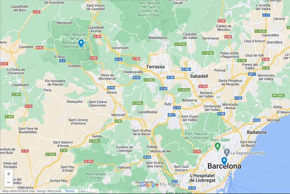Best Montserrat Tour from Barcelona (With Tapas + Winery Visit) 3 A map showing a pin where barcelona is, and a pin showing where montserrat is.