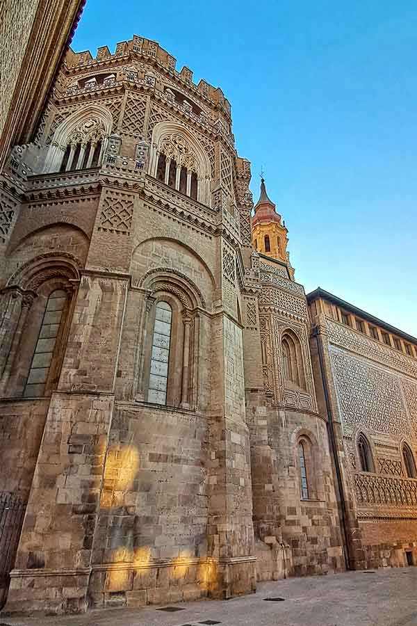 Gothic and Mudejar design of the La Seo Cathedral with intricate carvings on the facade.