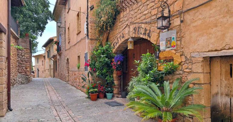 cobble stoned street in the town on Alquezar in Aragon with an old arched carridge doorway with plants outside it. Visit Alquezar on part of this road trip in Aragon itinerary.
