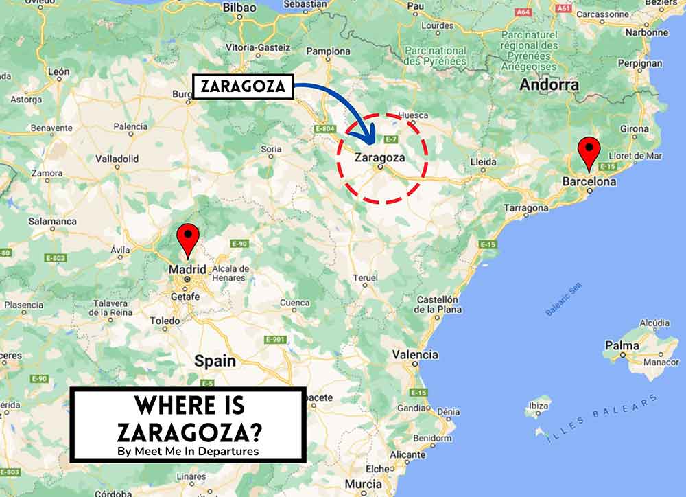 A map of Spain showing the location of Zaragoza in relation to Barcelona and Madrid.
