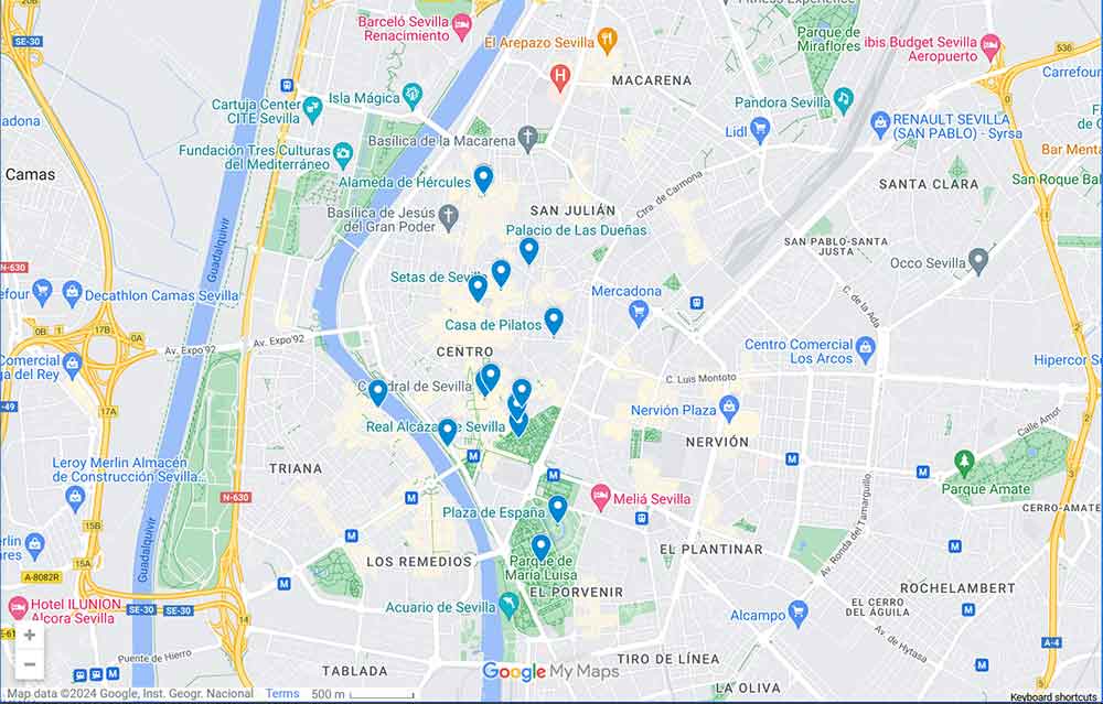 Map of the best landmarks in Seville which are included in this 3 days in Seville itinerary. 