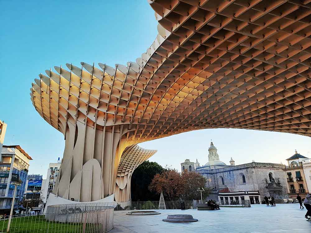 La Setas or Metropol Parasol in Seville. A gigantic white wooden lattice structure in the organic shape of mushrooms.