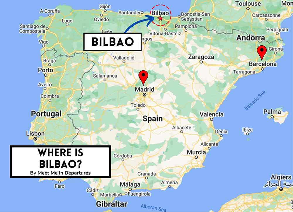 Map showing the location of Bilbao in relation to Madrid and Barcelona