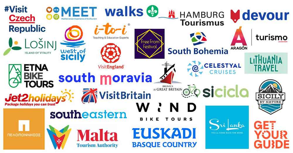 About Me 2 Brands and Tourism Boards Meet Me in Departures has worked with or been featured in, shown as a collage of travel and tourism logos including Visit Czech Republic, MEET Network of European Regions for Tourism, Walks, Hamburg Tourismus, Devour Tours, Lošinj – Island of Vitality, i-to-i Teaching & Education Experts, West of Sicily, Free From Festival, South Bohemia, Aragón Turismo, VisitEngland, Celestyal Cruises, Lithuania Travel, Etna Bike Tours, South Moravia, VisitBritain, Brindisi is Great Britain, Sicily, Sicily by Nature, Jet2holidays, Wind Bike Tours, Southeastern Europe, Malta Tourism Authority, Euskadi Basque Country, Sri Lanka – the Wonder of Asia, and GetYourGuide.