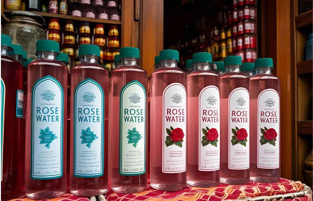 Bottles of rose water in a shop.