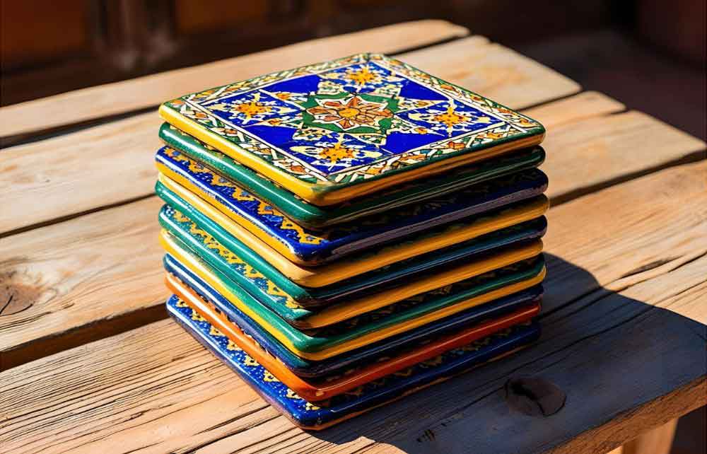 A stack of zillige tile coasters with colouful patterns.