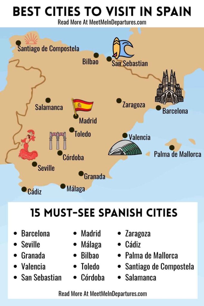 Best Cities to Visit in Spain Map Map of Spain highlighting the best cities to visit in Spain, including Barcelona, Seville, Granada, Madrid, Valencia, and more, with illustrated icons and a list of 15 must-see Spanish cities.