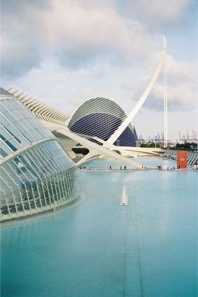 City of Arts and Sciences, Valencia Futuristic architecture of the City of Arts and Sciences in Valencia, with modern buildings and reflecting pools.