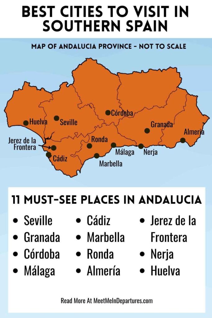 Infographic map showing the best cities in southern Spain to visit, featuring 11 must-see places in Andalucía including Seville, Granada, Córdoba, Málaga, Cádiz, Marbella, Ronda, Almería, Jerez de la Frontera, Nerja, and Huelva, with a simple illustrated map highlighting their locations.