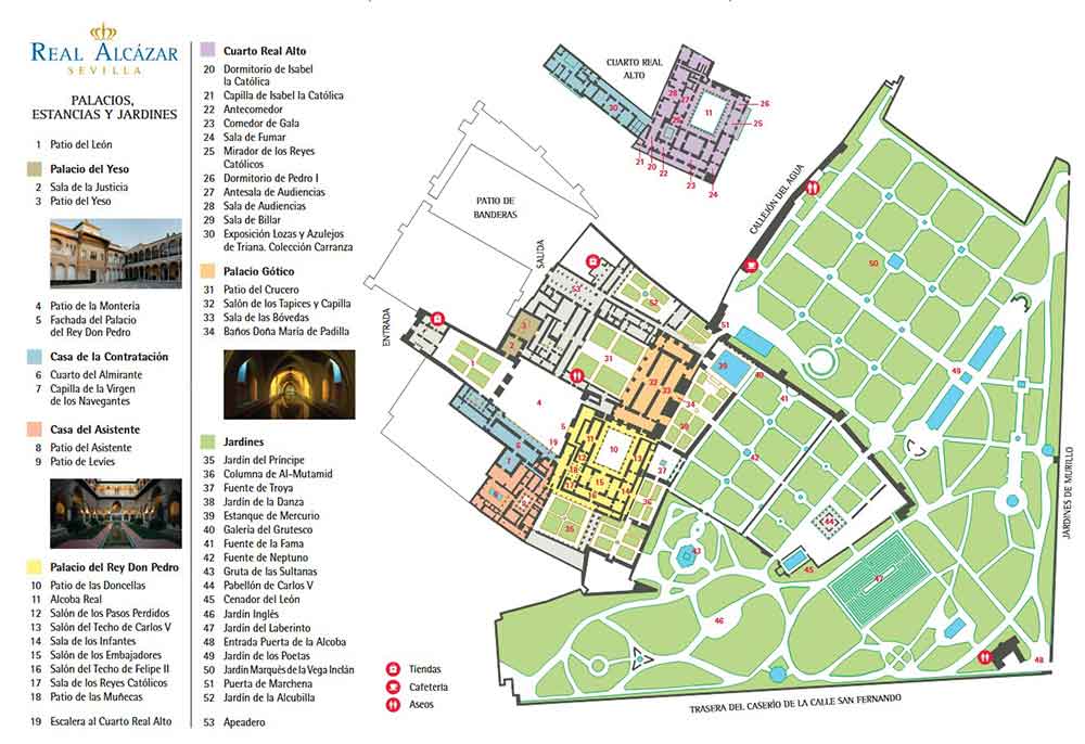 Detailed map showing the palaces, rooms, and gardens inside the Real Alcázar of Seville. The layout includes labelled sections such as Palacio del Rey Don Pedro, Palacio Gótico, Cuarto Real Alto, Casa de la Contratación, and extensive gardens like Jardín del Príncipe and Jardín de la Danza. Points of interest are numbered and colour-coded for easy navigation, with icons for cafes, toilets, and shops also marked.