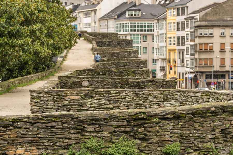Ancient Roman walls in Lugo, Spain, still intact and surrounding the historic old town.