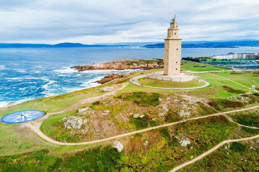 Tower of Hercules, A Coruña A panoramic view of the Tower of Hercules, an ancient Roman lighthouse in Galicia, Spain, overlooking the Atlantic Ocean.