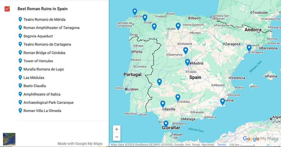 Best Roman Ruins in Spain: 13 Ancient Sites Worth Exploring 2 An interactive map showing where to find the best Roman ruins in Spain.