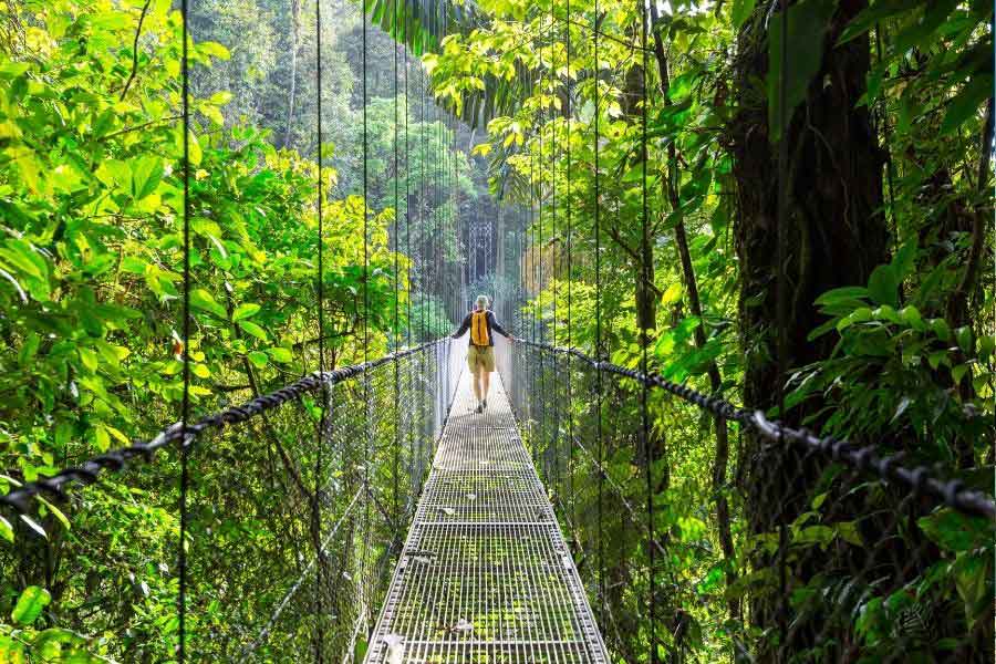 Traveller walking across a hanging bridge surrounded by lush rainforest in Arenal, Costa Rica, one of the world’s top dream adventure destinations.
