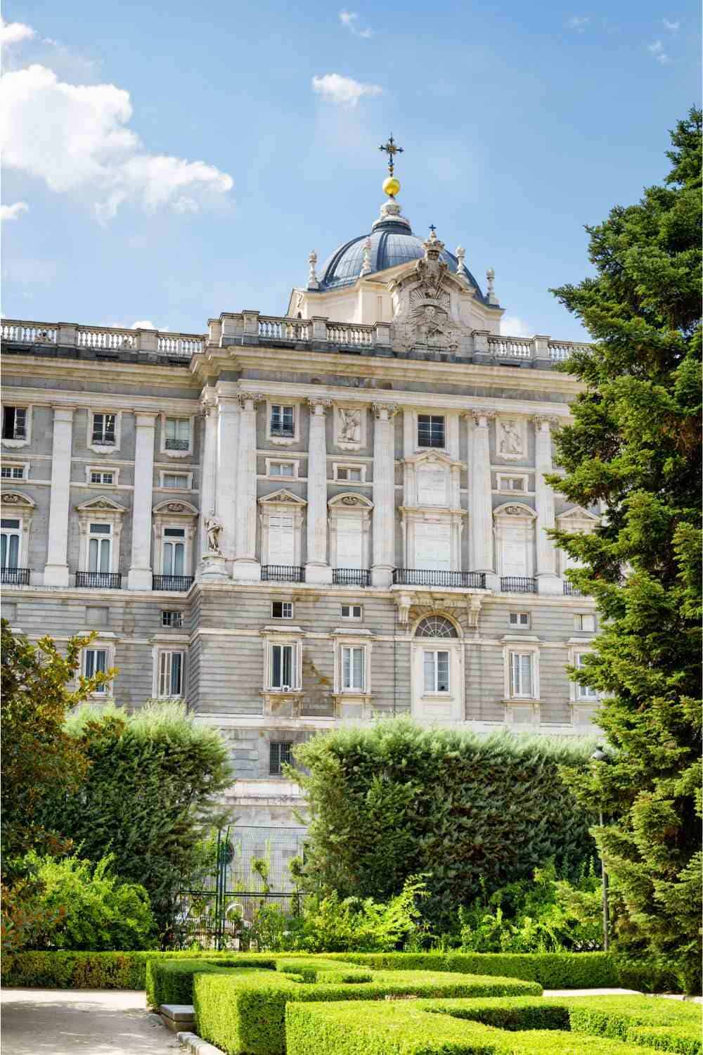Front view of the Royal Palace of Madrid, one of the most visited historic sites in Spain and the official residence of the Spanish royal family.