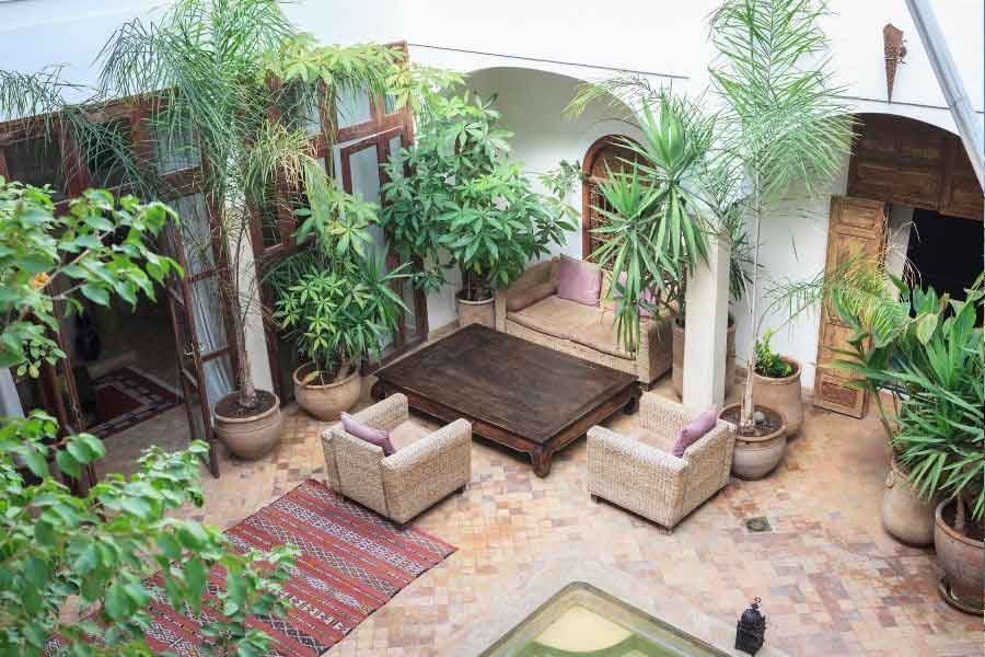 Peaceful courtyard inside a traditional Moroccan riad with wicker chairs, a wooden table, and lush green plants — a perfect winter getaway spot in Morocco for relaxing stays.