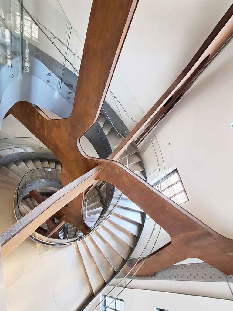 The striking spiral staircase inside Espacio Fundación Telefónica, a modern spot often highlighted in guides to Madrid’s contemporary attractions.