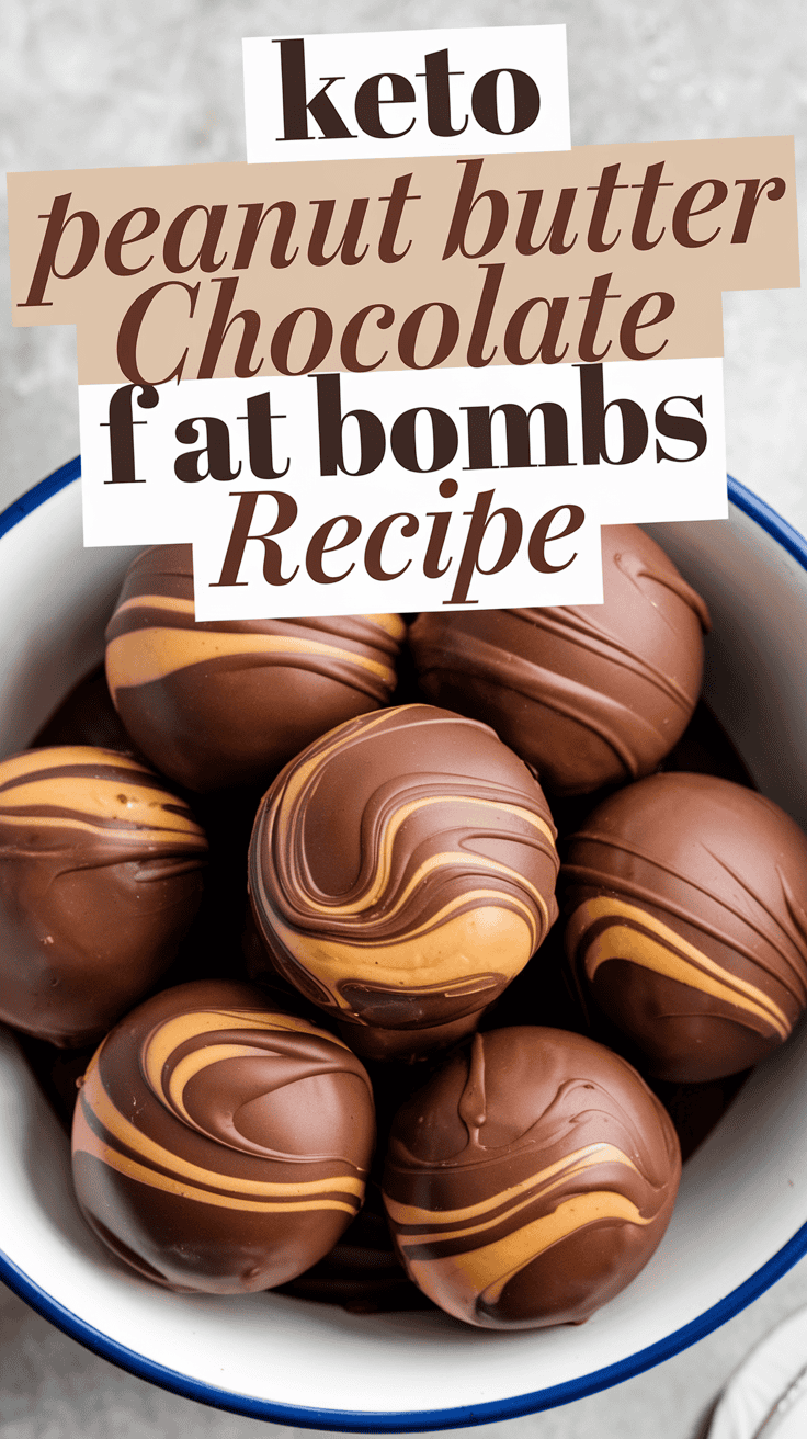 Keto peanut butter chocolate fat bombs with rich chocolate coating and peanut butter swirl design, styled in a bowl with recipe title overlay.