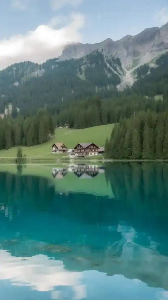 caumasee flims graubünden A photograph of the serene Caumasee lake nestled within the Swiss Alps, near Flims village. The lake's turquoise waters shimmer under the midday sun, reflecting the snow-capped peaks of surrounding mountains. A small wooden dock extends into the lake, with a lone kayak gently bobbing on the surface, and wildflowers bloom along the shoreline. The sky is a clear, crisp blue, and the scene is bathed in warm, natural light, creating a peaceful and inviting atmosphere.