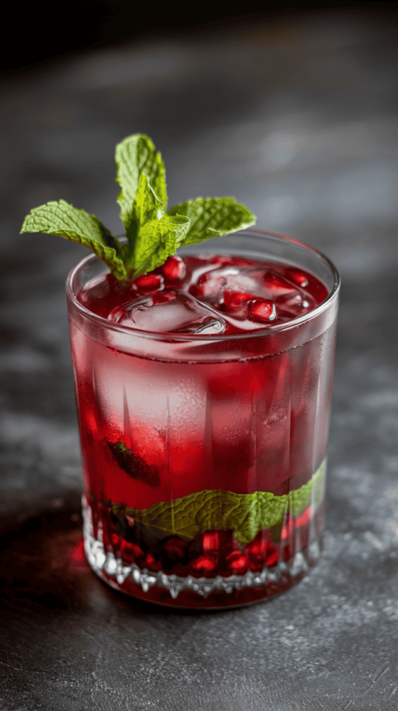 A photo of a sophisticated cocktail with a hazy appearance. The glass is filled with a deep red liquid and a few ice cubes. At the bottom of the glass, there are green mint leaves and red pomegranate seeds. The cocktail is garnished with a mint leaf on top. The background is a dark surface.