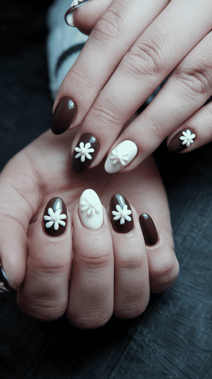 Nail design featuring dark chocolate and cream colors with flower accents