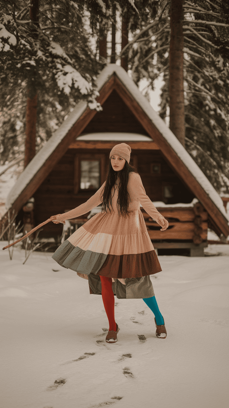 A woman twirls in a colorful layered dress and tights in a snowy forest setting.