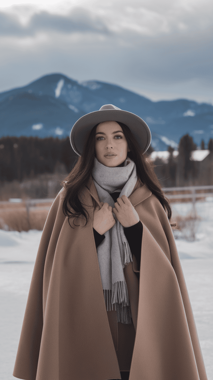 A woman wearing a stylish camel-colored cape and gray scarf outdoors with mountains in the background.