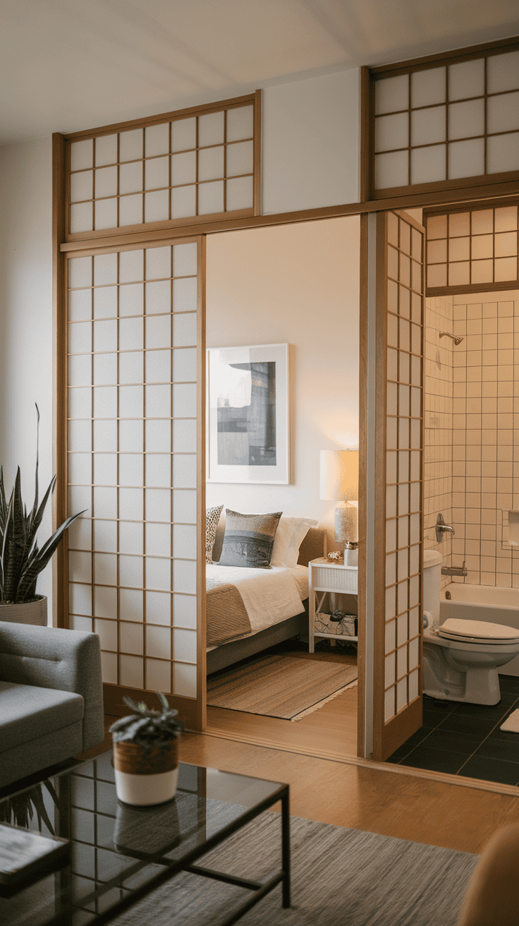 A room featuring Japanese sliding doors, showcasing a cozy living space with a view into a bedroom and bathroom.