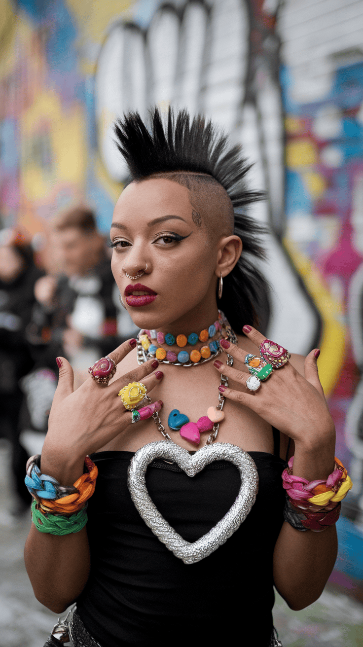 A person with a striking Mohawk hairstyle, colorful jewelry, and bold makeup, posing in front of a colorful graffiti wall.