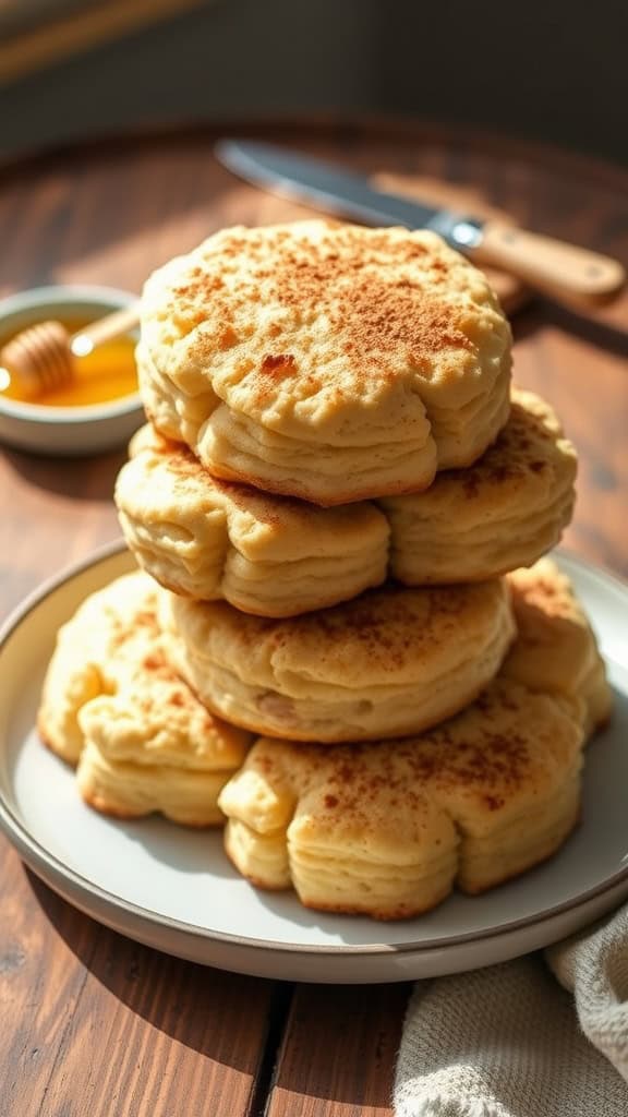 Fluffy Coconut Flour Cinnamon Biscuits Fluffy coconut flour cinnamon biscuits stacked on a plate with honey and butter on a rustic table.