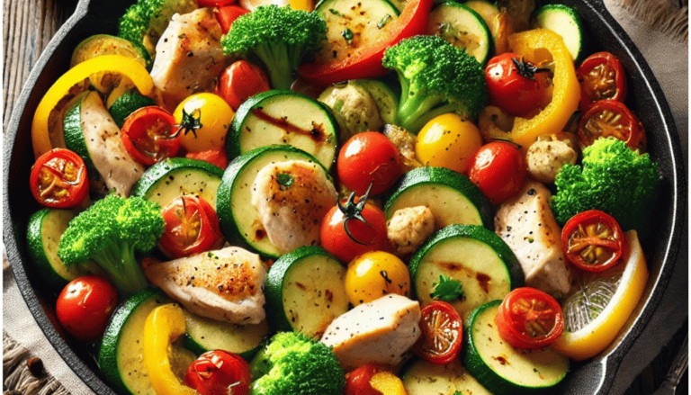 A vibrant skillet filled with juicy chicken pieces and fresh garden vegetables like zucchini, bell peppers, cherry tomatoes, and broccoli, garnished with parsley and a hint of lemon, served on a rustic wooden table.
