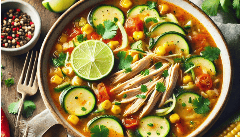 A colorful bowl of Lightened-Up Chicken Tortilla-less Soup with a clear, spicy broth, shredded chicken, zucchini, corn, and diced tomatoes, garnished with fresh cilantro and a lime wedge, presented on a rustic table with warm, inviting lighting.