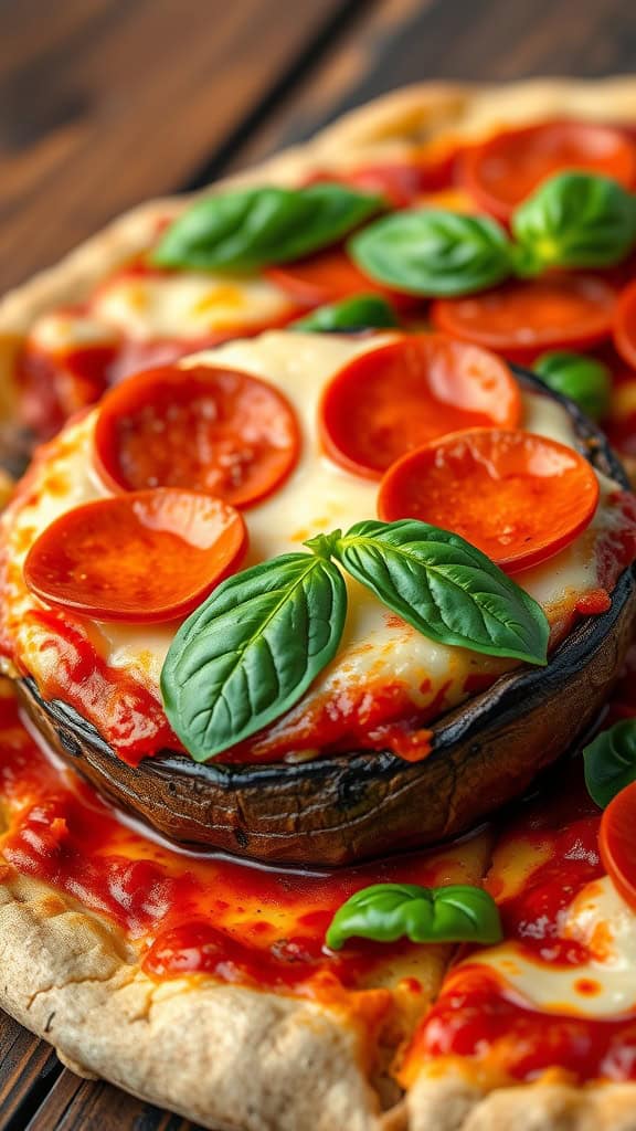 Savory Portobello Mushroom Pizza Portobello mushroom pizza topped with marinara, cheese, and pepperoni on a wooden table.